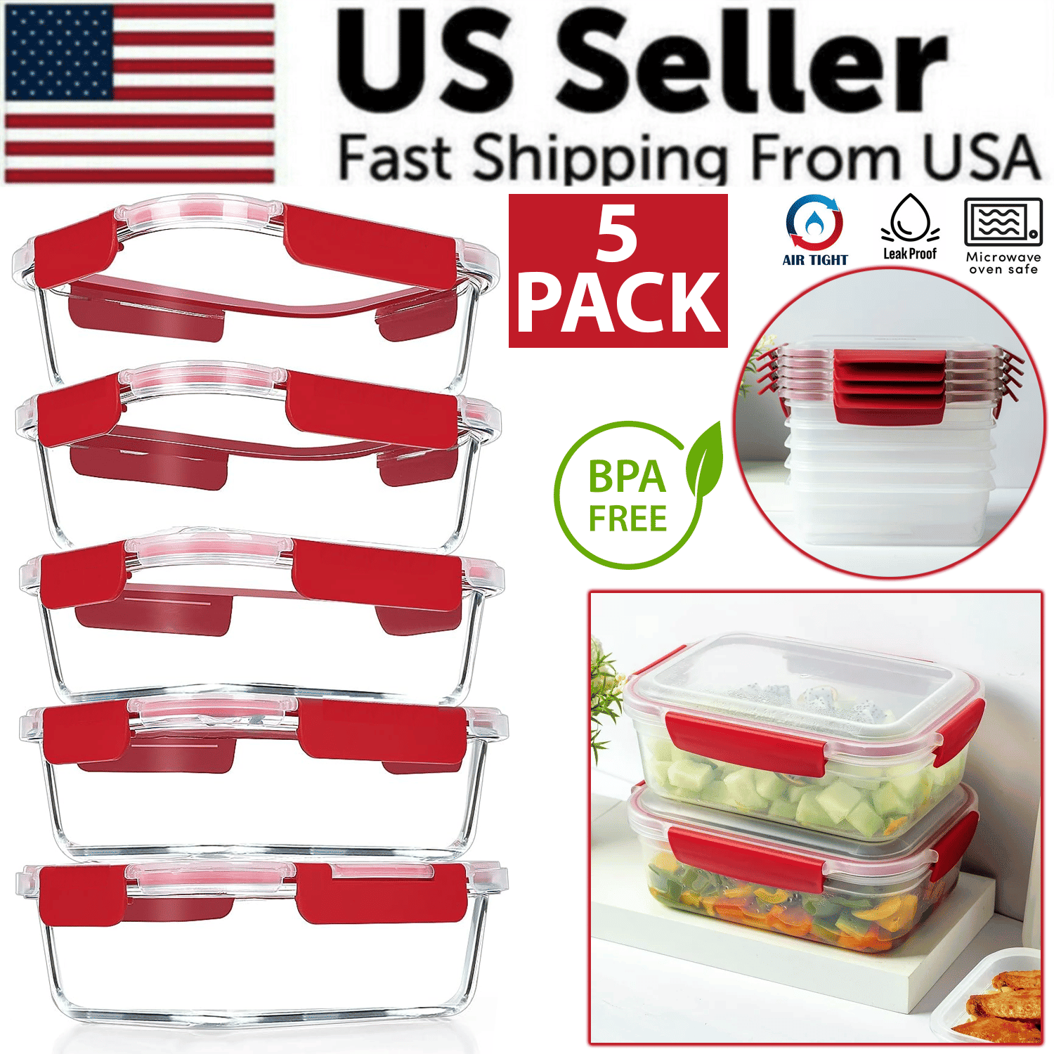 Stackable Snap Lock Containers 5 Pack Stackable Food Storage Containers Airtight & Leakproof Set Snap ...